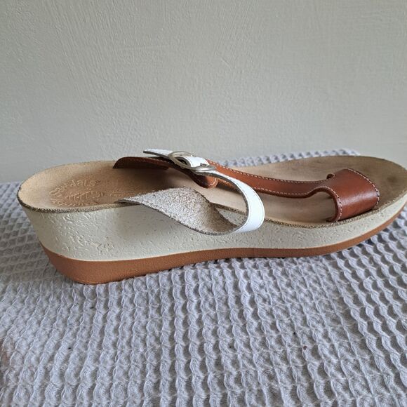 Fantasy Sandals Felisa Wedge Toe Womens EU 40 9 9.5 Leather Brown White Thong - Picture 9 of 12